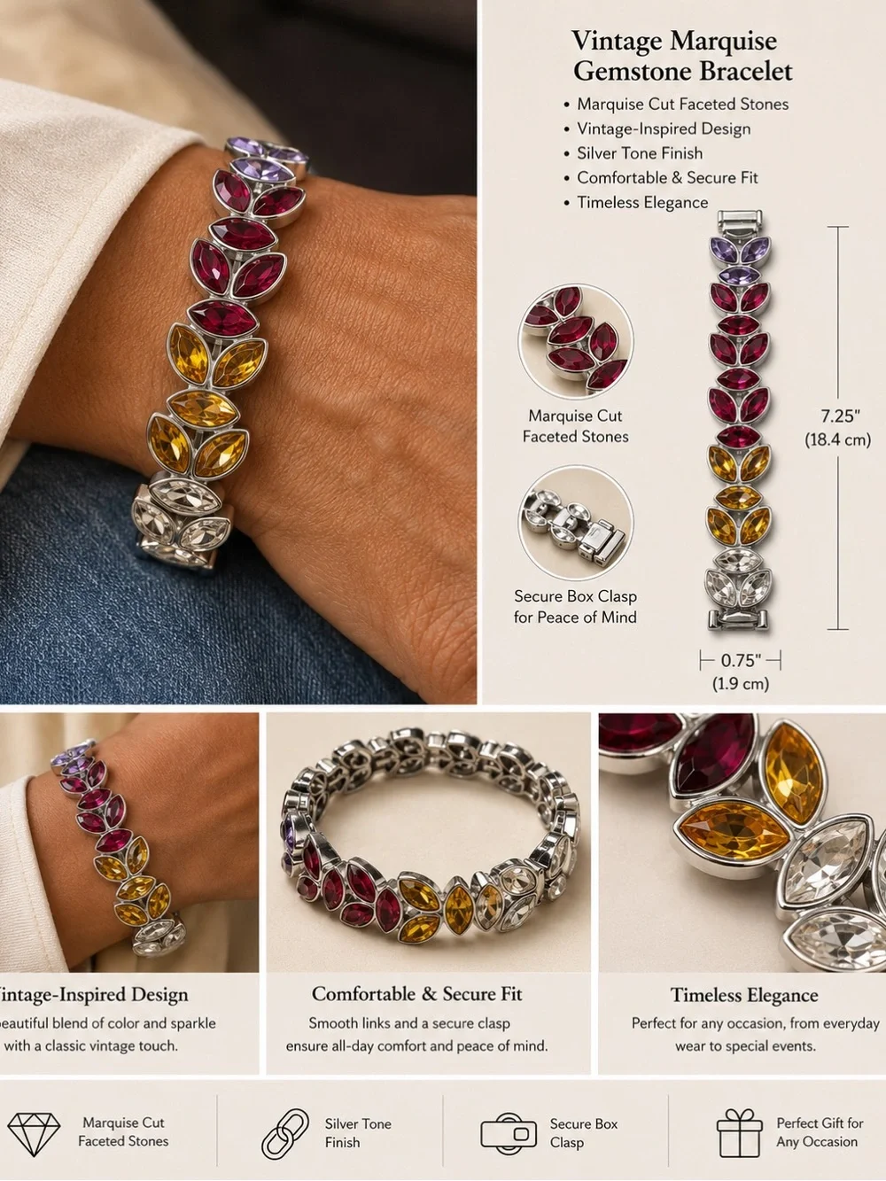 2pcs Vintage Marquise Gemstone Bracelet-Purple, Red & Yellow par with a red ring